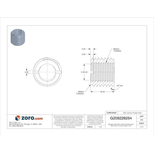 Standard Wall Self Locking Thread Insert, M24-3.00 Int Thrd Sz, Steel, 5 PK  450-24-PK5