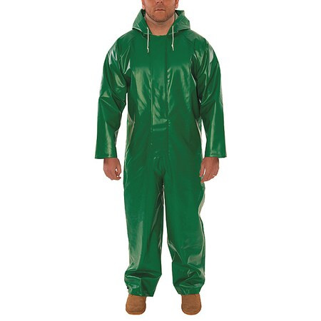 Flame Resistant Coverall Rain Suit, PVC, 17 mil Thick, Attached Hood, Green, 3XL