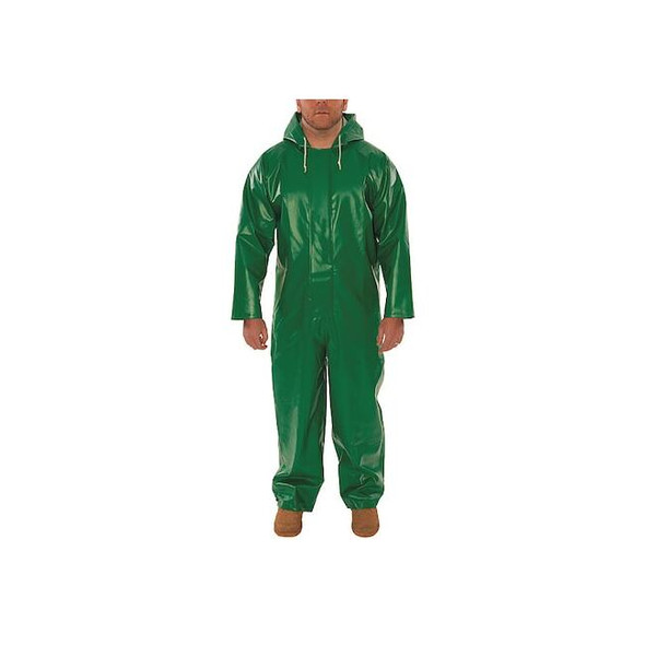 Flame Resistant Coverall Rain Suit, PVC, 17 mil Thick, Attached Hood, Green, 3XL