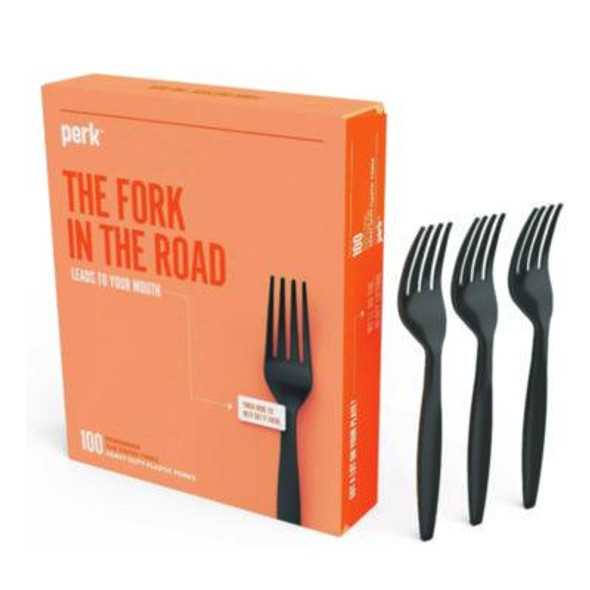 Perk™ Heavyweight Plastic Cutlery, Fork, Black, 100/pack PK56392T