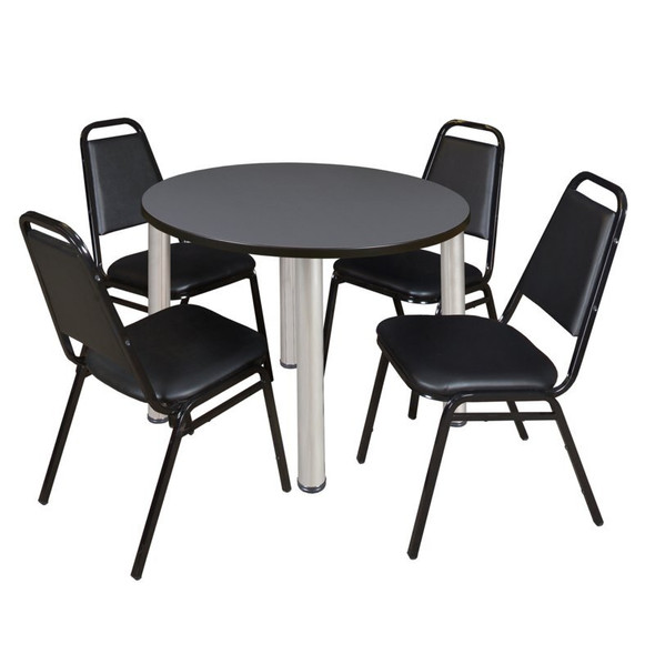 Kee Kee Round Table & Chair Set, Wood, Metal, Vinyl Top, Grey TB42RNDGYBPCM29BK