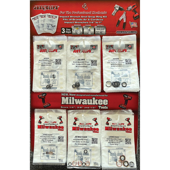 6 Hook Display comes w/ 10 packs ea of 1/4", 3/8" & 1/2" JC Original & Milwaukee Style snap ring kts JCMCTSRD