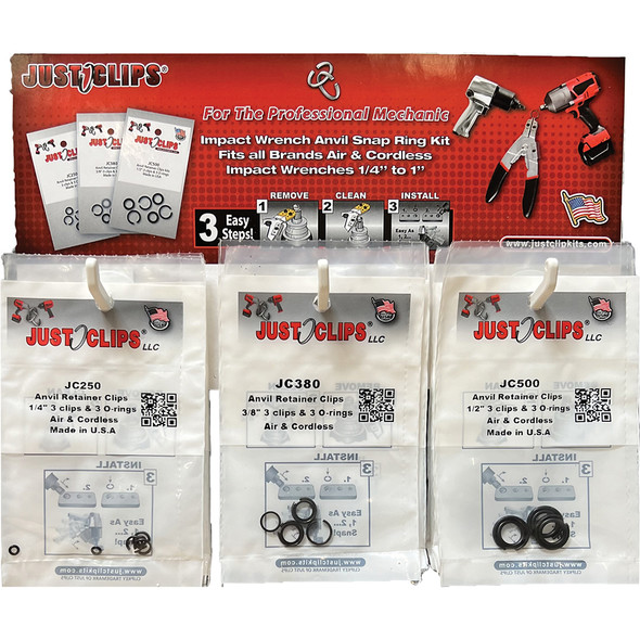 3 Hook Display JC Original w/ 5pks-1/4", 12pks-3/8" & 1/2" each pk has 3 snap rings & o-rings JCSRD