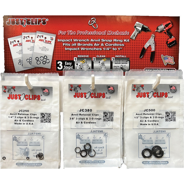 3 Hook Display JC Original w/ 5pks-1/4", 12pks-3/8" & 1/2" each pk has 3 snap rings & o-rings JCSRD