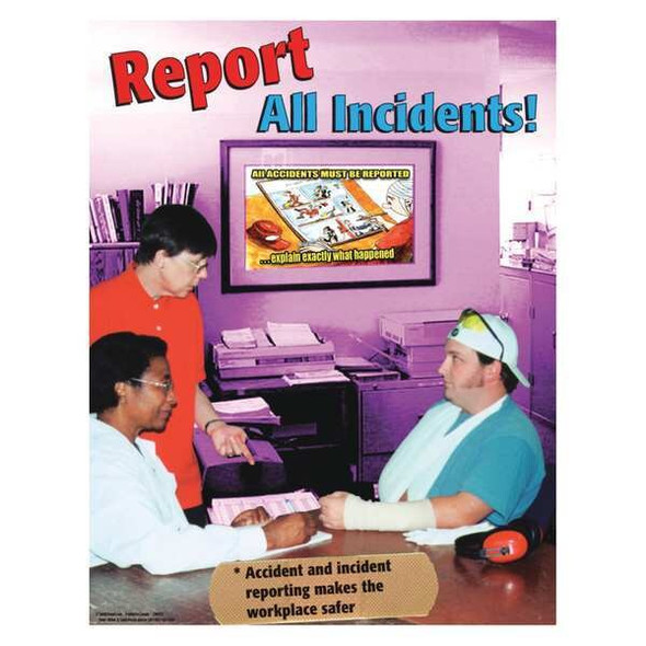 Safety Poster, Report All Incidents, 22 in H x, 17 in W, Paper