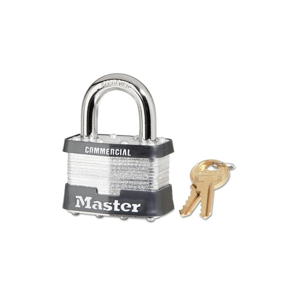No. 5 Laminated Steel Padlock, 3/8 in dia x 15/16 in W x 1 in H Shackle, Silver/Gray, Keyed Alike, Keyed A432