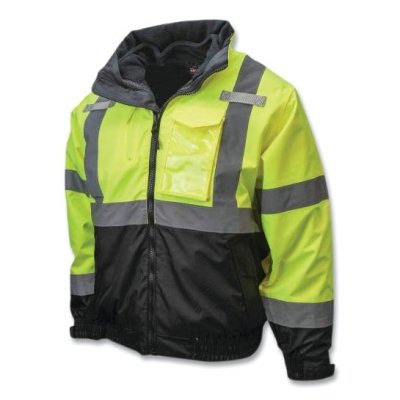 SJ210B Class 3 Three-in-One Deluxe High Visibility Bomber Safety Jacket, Hi-Vis Green, Black Bottom, L