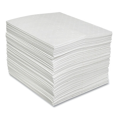 Sorbent Pads and Rolls, 18 in L x 16 in W, Oil Only, Heavy, Single-Ply, White, Pads, Bag