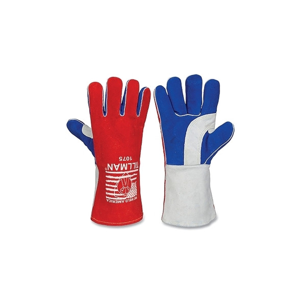 Stick Welding Gloves, 1075, Premium Side Split Cowhide Palm/BOH/Cuff, Lg, Red/Blue/Pearl, 14 in L Cuff