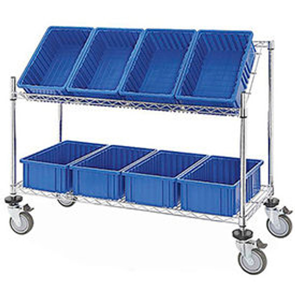 Global Industrial Easy Access Slant Shelf Chrome Wire Cart 8 Blue Grid Container