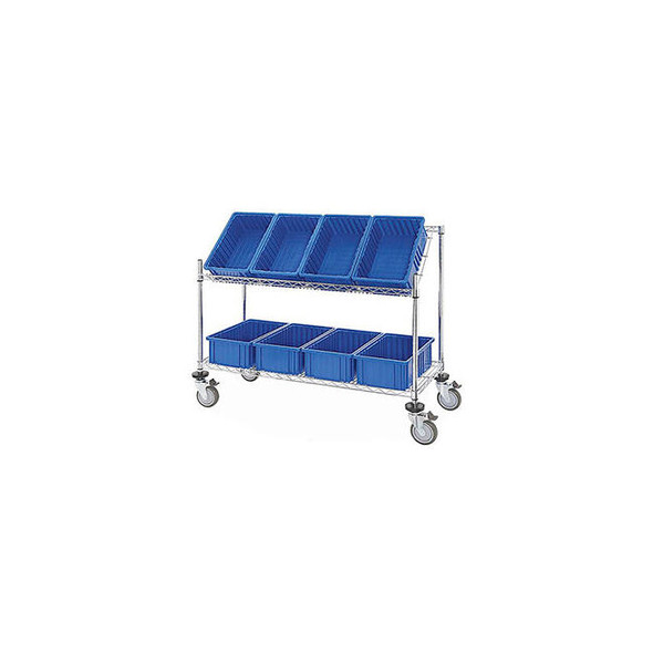Global Industrial Easy Access Slant Shelf Chrome Wire Cart 8 Blue Grid Container