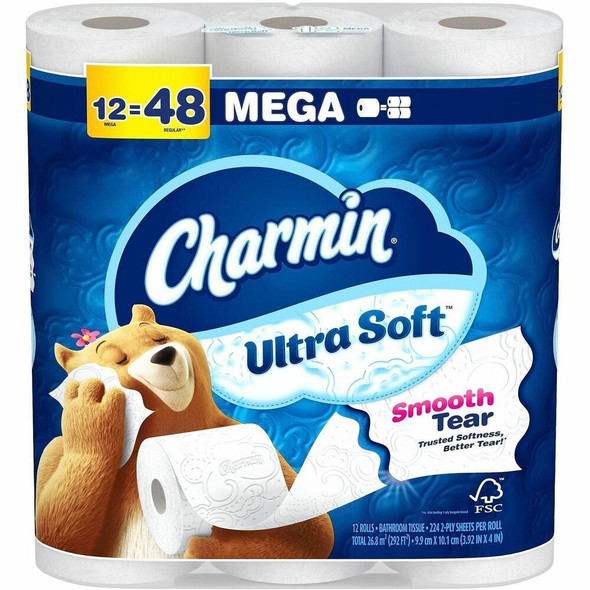 Charmin Ultra Soft Toilet Paper - 2 Ply - Mega - White - Paper - 12 / Pack