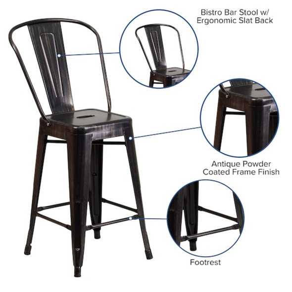 24" High Black-Gold Counter Height Stool w- Back  CH-31320-24GB-BQ-GG