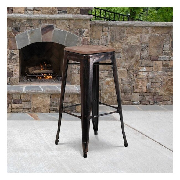 Flash Furniture Black-Antique Metal Stool,30",PK4 4-CH-31320-30-BQ-WD-GG