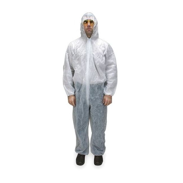 Condor Hooded Disposable Coveralls, L, White, polypropylene, zipper 2KTN1
