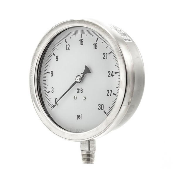 Industrial Pressure Gauge, 0 to 30 psi, 6 in Dial, 1/4 in NPT, Bottom Location
