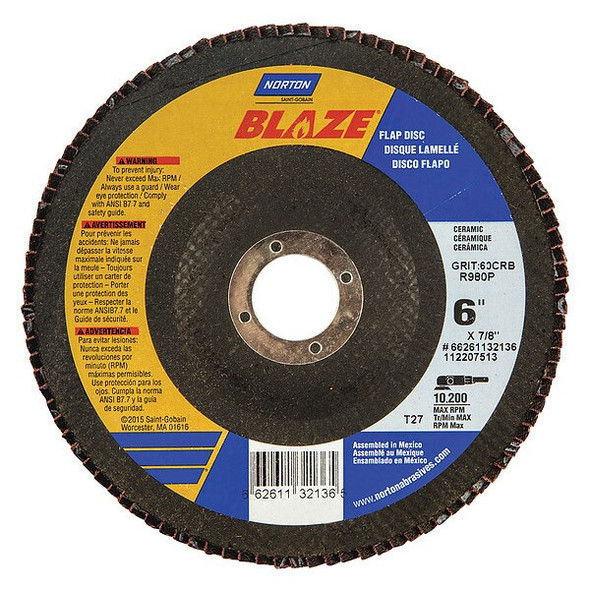 Norton Abrasives Fiber Disc,6 in Dia,7/8in Arbor,60 Grit 66261132136