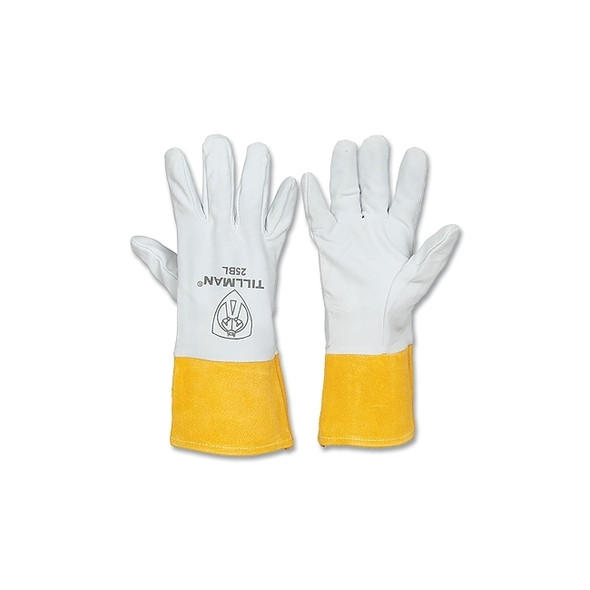 TIG Welding Gloves, 25B, Split Deerskin Palm/BOH/Split Cowhide Cuff, Med, Pearl/Bourbon Brn, 4 in L Straight Cuff