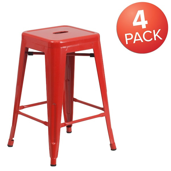 Flash Furniture Red Backless Metal Stool,24",PK4 4-CH-31320-24-RED-GG Flash Furniture Red Backless Metal Stool,24",PK4 4-CH-31320-24-RED-GG