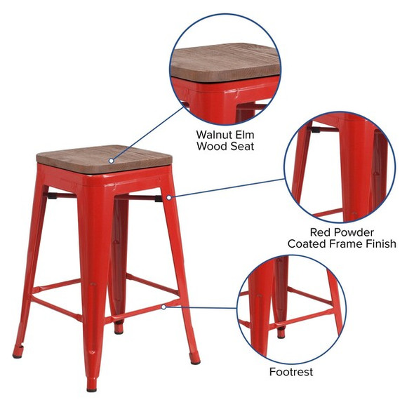 Flash Furniture Red Metal Counter Stool,24",PK4 4-CH-31320-24-RED-WD-GG Flash Furniture Red Metal Counter Stool,24",PK4 4-CH-31320-24-RED-WD-GG