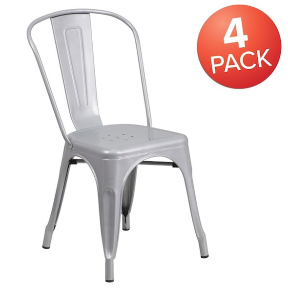 Silver Metal Indoor-Outdoor Stackable Chair,PK4  4-CH-31230-SIL-GG