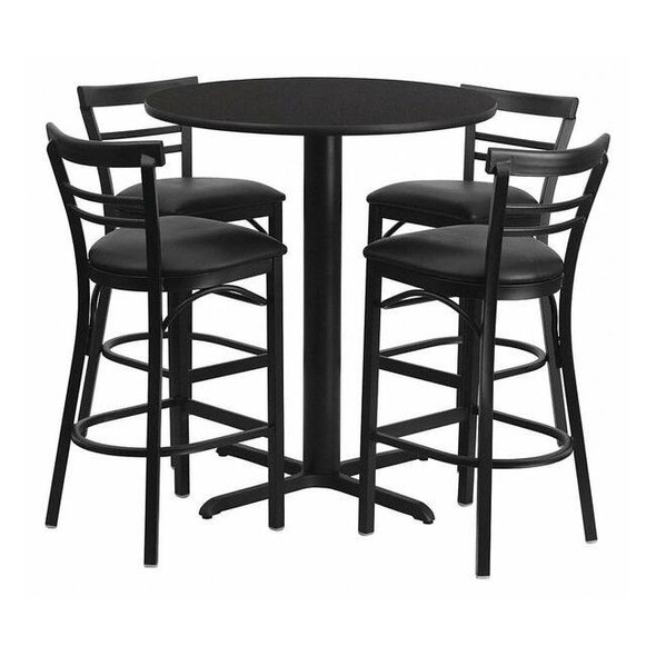 Round Blk Bar Table,X-Base,Blk Vinyl Seats,24", Laminate Top, Wood Grain