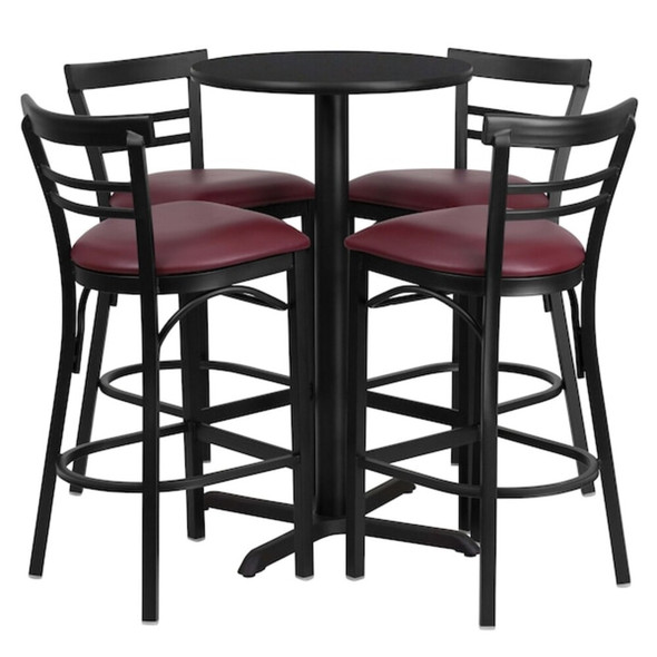 Round Blk Bar Table,Rnd Base,Burgundy Seat,24", Laminate Top, Wood Grain  HDBF1037-GG