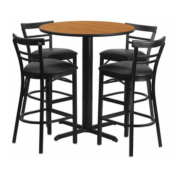Round Natural Bar Table,X-Base,Blk Seats,24", Laminate Top, Wood Grain