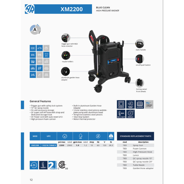 AR Blue Clean 2200 PSI 1.9 GPM Cold Water Electric Pressure Washer XM2200 743886