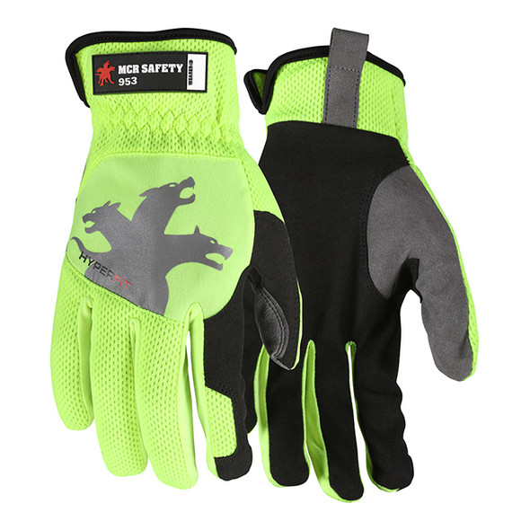 MCR Safety® HyperFit Mechanics Gloves, Large, Hi-Vis Lime, 1/Pair