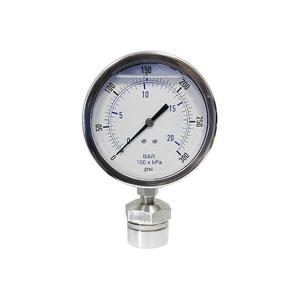 Pressure Gauge, 30 to 0 psi, 4 in Dial, 1/4 in NPT, Bottom Location