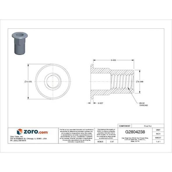 Rivet Nut, #8-32 Thread Size, 0.375 in Flange Dia., 0.435 in L, Steel, 50 PK  CAH2-0832-130-50