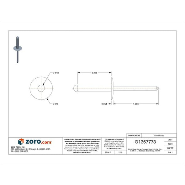 Blind Rivet, Flanged Head, 3/16 in Dia., 59/64 in L, Stainless Steel Body, 100 PK