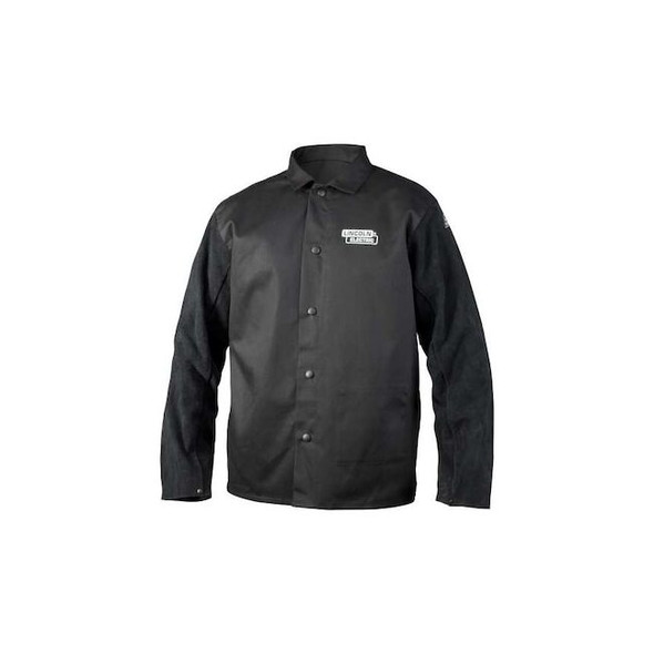 Welding Jacket, Leather, 9 oz, 30 in Length, Button Closure, 1 Pockets, Black, M