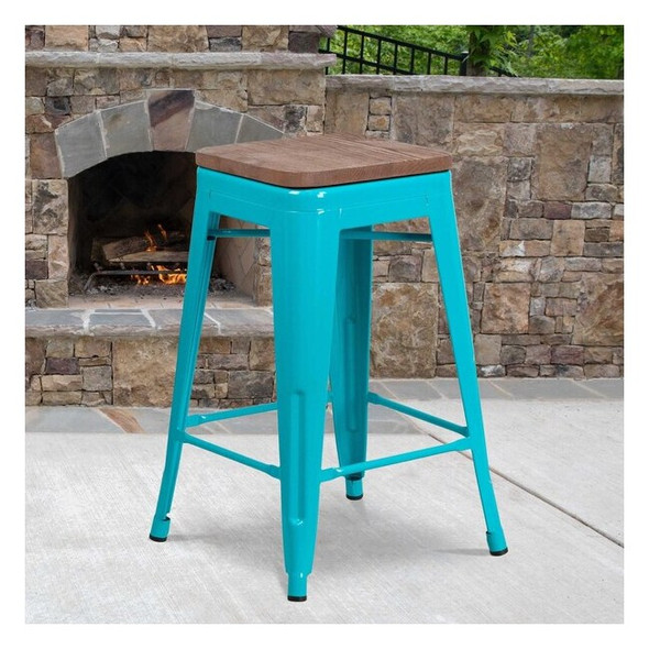Flash Furniture No Back Metal Stool,24",Teal ET-BT3503-24-CB-WD-GG