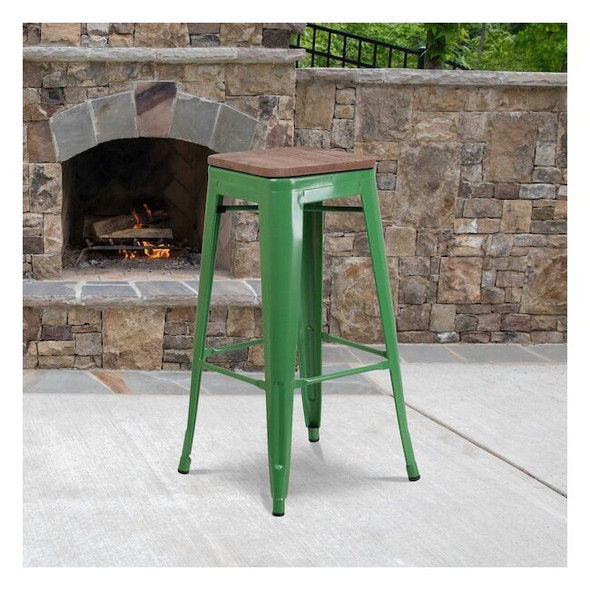Metal Barstool, 30", Green, Backrest: Backless