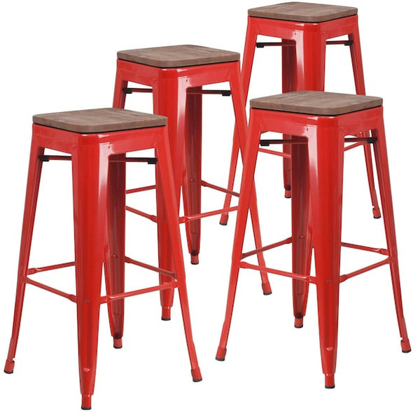 Backless Red Metal Barstool with Square Wood Seat,30" High,PK4