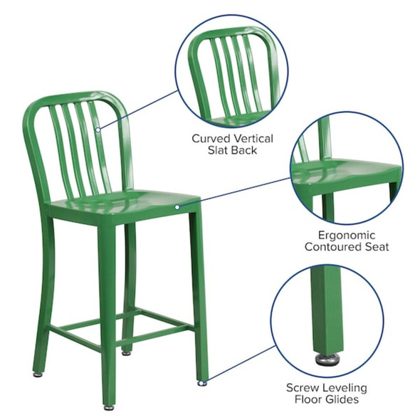 2 " High Green Metal Counter Height Stool, PK2  2-CH-61200-24-GN-GG