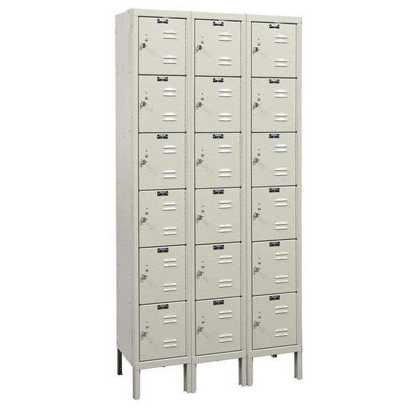 Box Locker, 36 in W, 12 in D, 78 in H, (3) Wide, (6) Tier, Tan