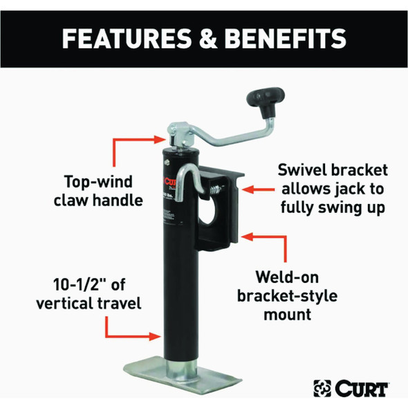 Curt 2000 Lb. Bracket-Mount Swivel Jack With Top Handle, 10 In. Travel