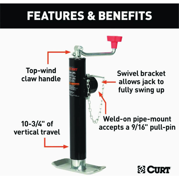 CURT 5000 Lb. Pipe-Mount Swivel Trailer Jack with Top Handle, 10 In. Travel