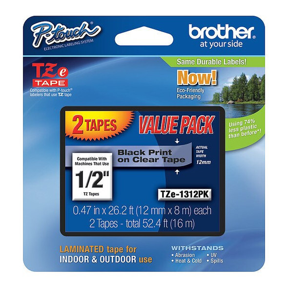 Brother Black On Clr Label Tape,0.47"X26.2ft,PK2 TZE1312PKG