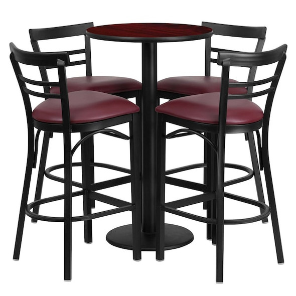 Round Mahgny Bar Table,Rnd Base,Burg Seats,24", 24" L, 24" W, 42" H, Laminate Top, Wood Grain