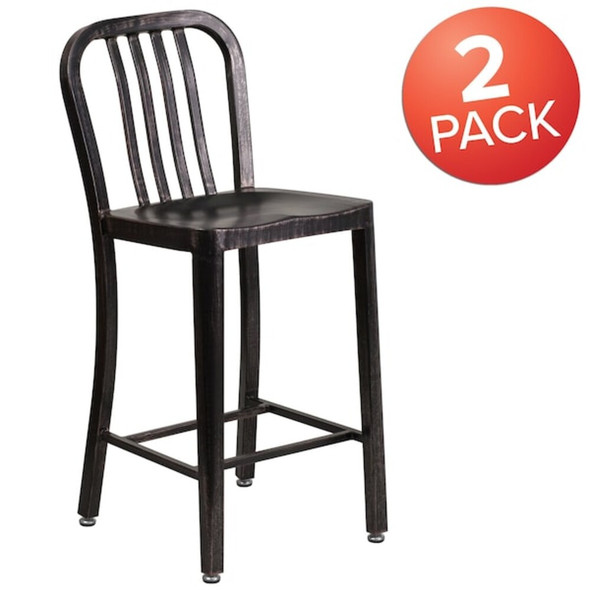 2PK 24" High Black-Gold Metal Counter Height Stool  2-CH-61200-24-BQ-GG