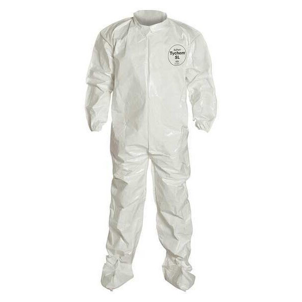 0 Coverall. Collar. Elastic Wrists. Attached Socks. Storm Flap with Adhesive Closure. White. LG