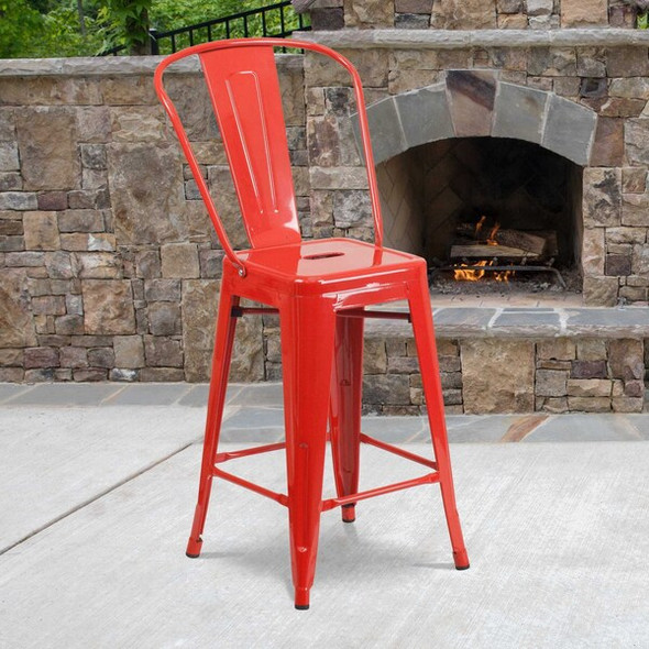 4PK 24"H Red Metal Counter Height Stool with Back