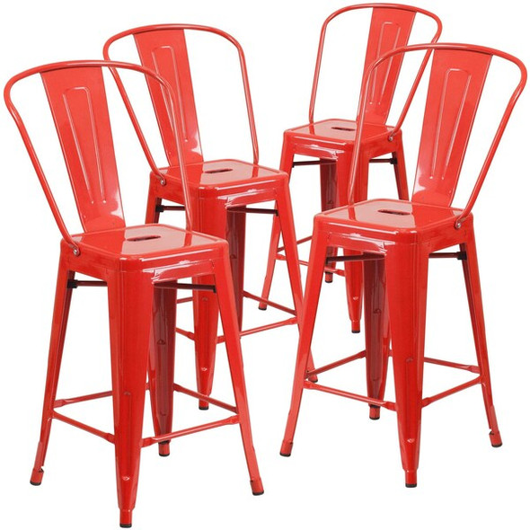 Flash Furniture 4PK 24"H Red Metal Counter Height Stool with Back 4-CH-31320-24GB-RED-GG