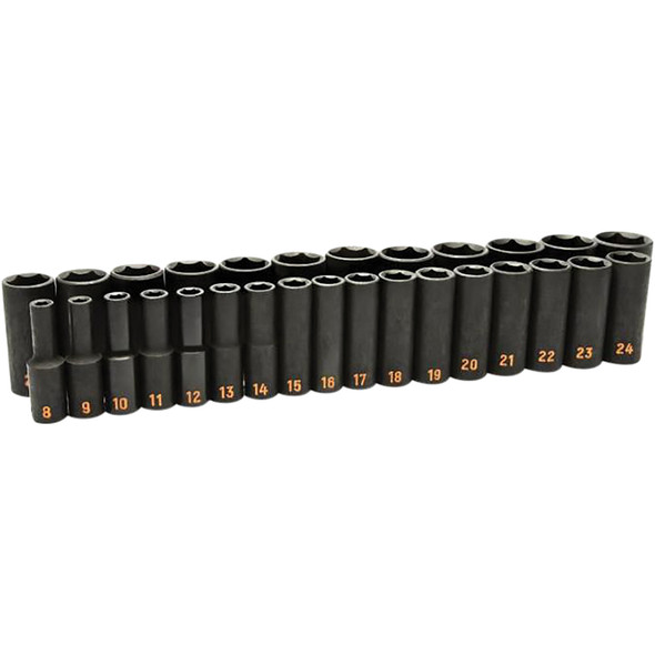 29 Piece 1/2" Drive 6 Point Metric Hi-Viz Deep Impact Socket Set 84935H