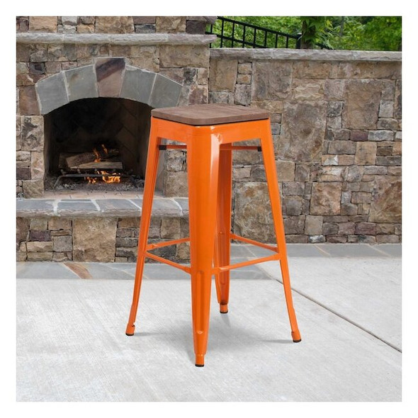 Metal Barstool, 30", Orange, Seat Material: Wood