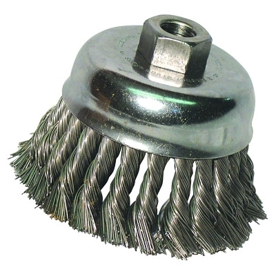 Knot Wire Cup Brush, 4 in Dia., 5/8-11 Arbor, .02 in Carbon Steel, Double Row